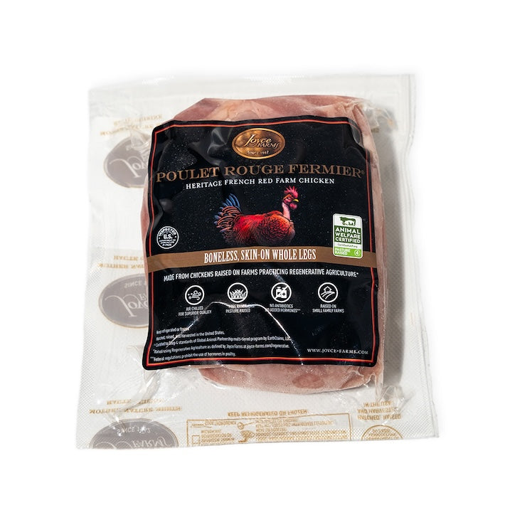 A package of Joyce Farms Poulet Rouge® Heritage Boneless, Skin-On Whole Chicken Legs on white background - Slow growing heritage breed from France, air chilled, pasture raised, certified GAP Step 4 by the Global Animal Partnership Animal Welfare Program, No Antibiotics, 100% Veg Fed, Raised on Small Family Farms