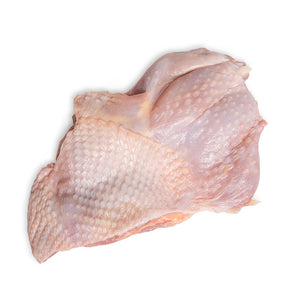 A piece of Poulet Rouge® Heritage boneless, skin-on whole chicken legs from Joyce Farms on a white background.