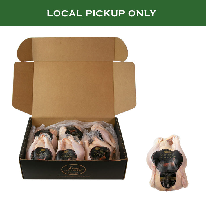 Box of Joyce Farms Heritage Poulet Rouge® Chickens, with six whole chickens per case, labeled 'LOCAL PICKUP ONLY', showing both the open box with chickens and a close-up of a single wrapped chicken to the side.