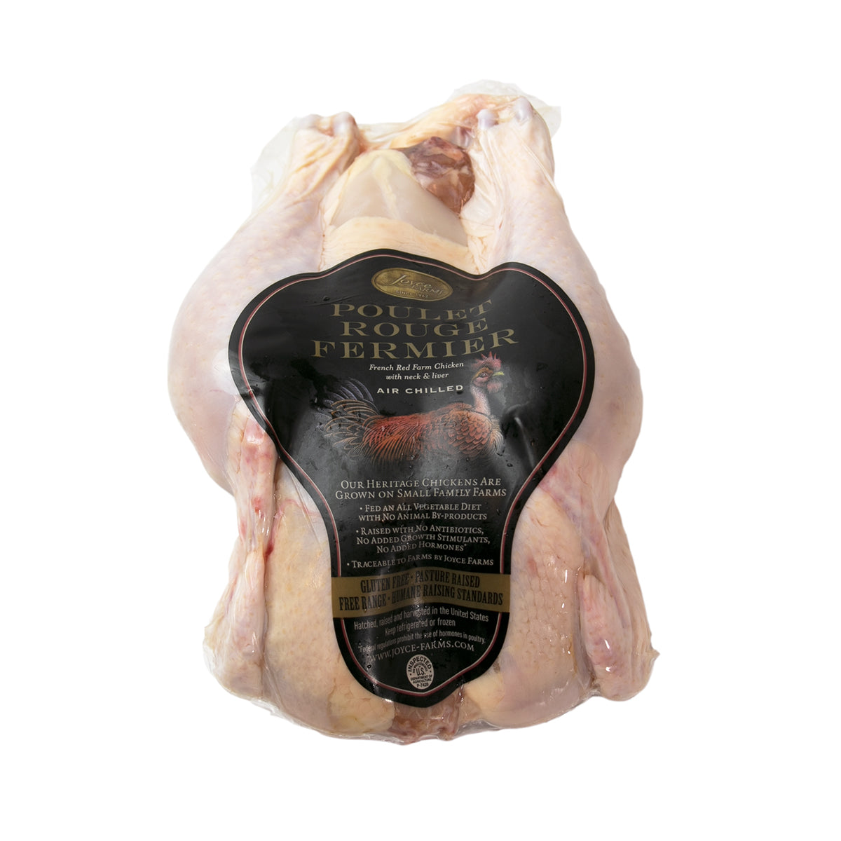 A Poulet Rouge® Whole Heritage Chicken from Joyce Farms with heritage flavor on a white background.