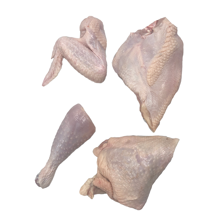 A group of Poulet Rouge® 4-Piece Cut, Half Heritage Chicken legs on a white background.