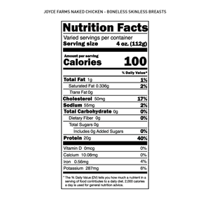 A gluten-free nutrition label for Joyce Farms' Boneless Skinless Chicken Breasts (8 packs, 1 lb. per pack).