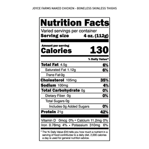 A nutrition label for Joyce Farms boneless chicken thighs.