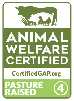 Logo for Animal Welfare Certified, indicating certification by CertifiedGAP.org. It includes images of a cow and a chicken on grass, with the text 'Pasture Raised' and a number '4' signifying a GAP Step 4 rating for animal welfare standards.