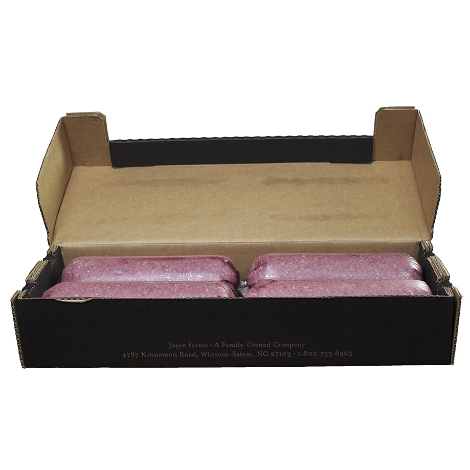 20 lb case of Joyce Farms Signature Angus Heritage Ground Beef with four 5 lb chubs, pasture raised in the Blue Ridge Mountains, single source farming operation, nothing added ever - no antibiotics