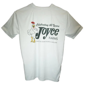 Back of a black Joyce Farms t-shirt with a stylized illustration of a chicken wing and the Joyce Farms logo at the top center, reading 'Welcome Back to Flavor®.'