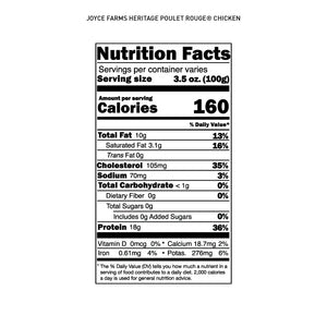 The nutrition label for Joyce Farms Semi-Boneless Poulet Rouge Heritage Chicken, providing details on calories, fat content, cholesterol, and protein per serving.