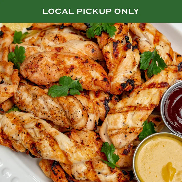 Grilled antibiotic-free Naked Chicken Tenders with dipping sauces, for local pickup only.