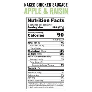 Nutrition facts label for Apple and Raisin Naked Chicken Sausages.