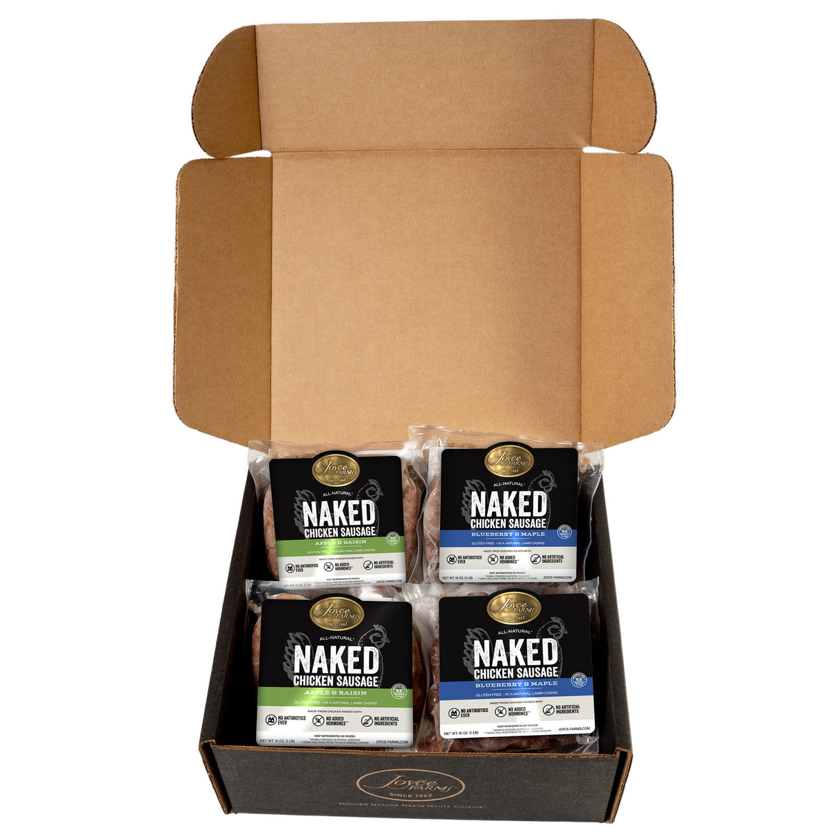 An open black box containing a savory variety pack of Joyce Farms Naked Chicken Sausages, made from antibiotic-free chicken. The pack includes two sweet flavors: Blueberry Maple and Apple & Raisin