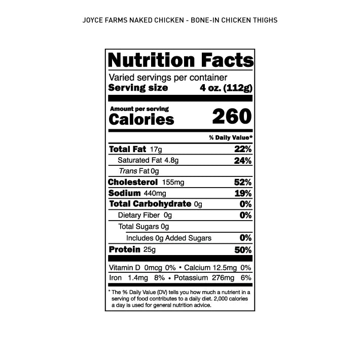 Nutrition facts label for Antibiotic-Free Bone-In, Skin-On Naked Chicken Thighs.