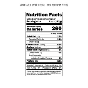 Nutrition facts label for Antibiotic-Free Bone-In, Skin-On Naked Chicken Thighs.