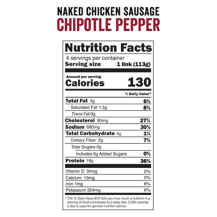 Joyce Farms Naked Chicken Sausage Chipotle Pepper Nutritional Information
