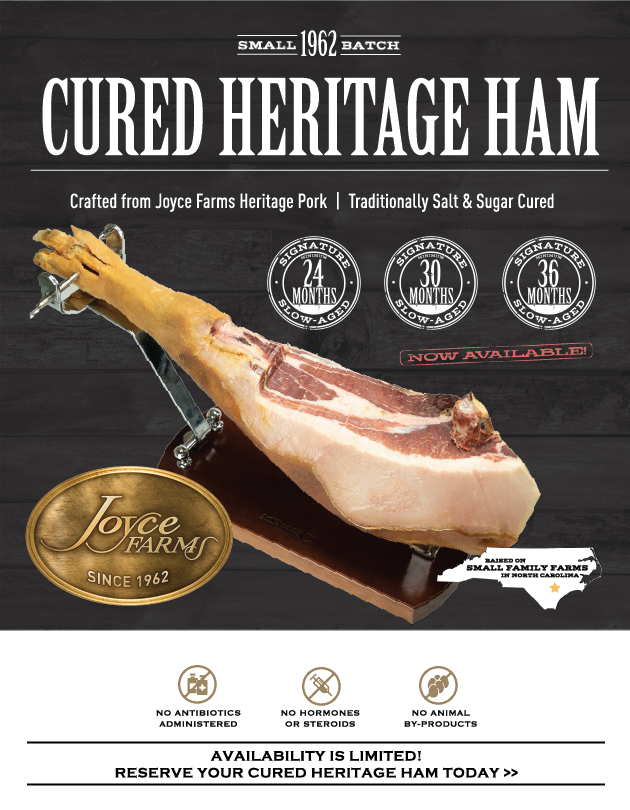 Point of Sale informational sheet on Joyce Farms Cured Heritage Ham