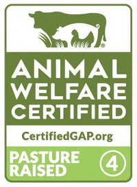 Animal Welfare Certified label from CertifiedGAP.org, indicating a Step 4 certification for pasture-raised animals.
