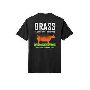 Black Joyce Farms t-shirt with the slogan 'GRASS IT’S NOT JUST FOR HIPPIES' above an illustration of a cow standing on grass and the Joyce Farms website URL below.