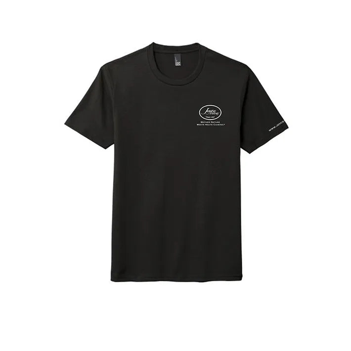 Front of a black Joyce Farms t-shirt with a small Joyce Farms logo on the left chest and the text 'Mother Nature Meets Haute Cuisine®.