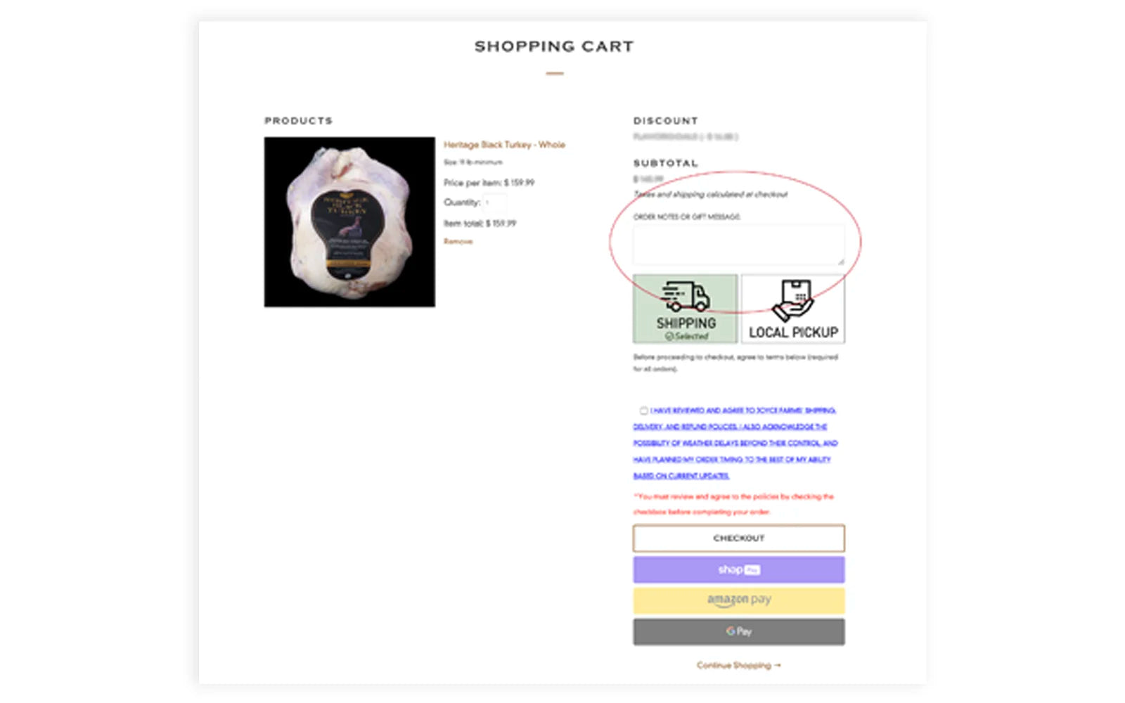 Shopping cart page for a Joyce Farms order, highlighting the location of the "Order Notes or Gift Message" box. The box is circled in red to indicate where customers can enter special requests or gift messages before selecting shipping or local pickup and proceeding to checkout.