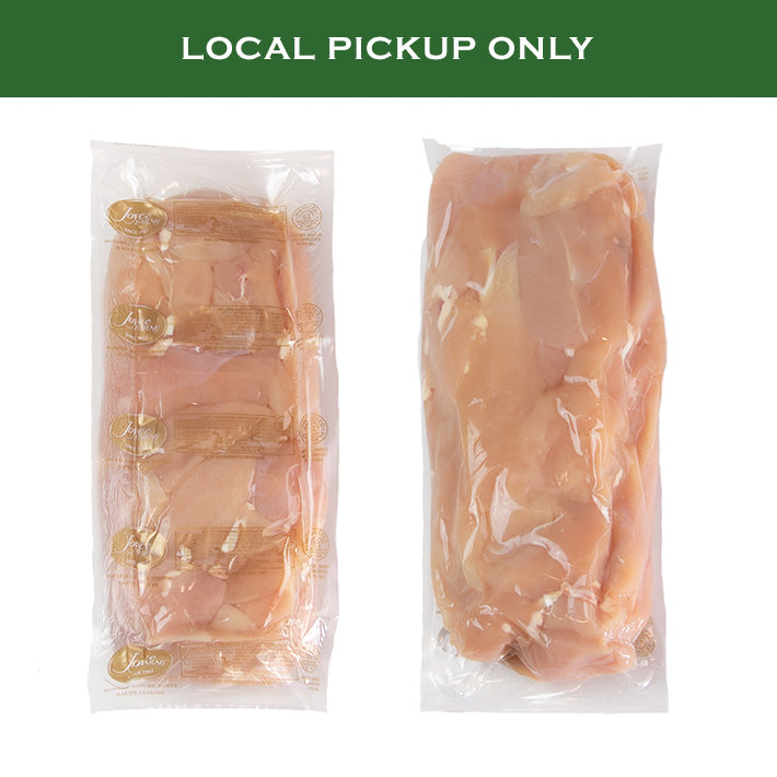 Two sealed packages of Joyce Farms Naked Chicken Tenders, available for local pickup only. Each pack showcases multiple fresh, raw tenders ready for cooking, clearly visible through the transparent film.