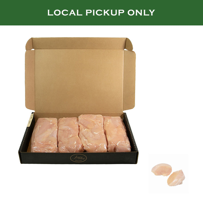 Cardboard box open to reveal Joyce Farms Naked Chicken breast medallions, antibiotic-free, neatly arranged for local pickup only. An inset shows a close-up of the pale pink, plump chicken medallions.