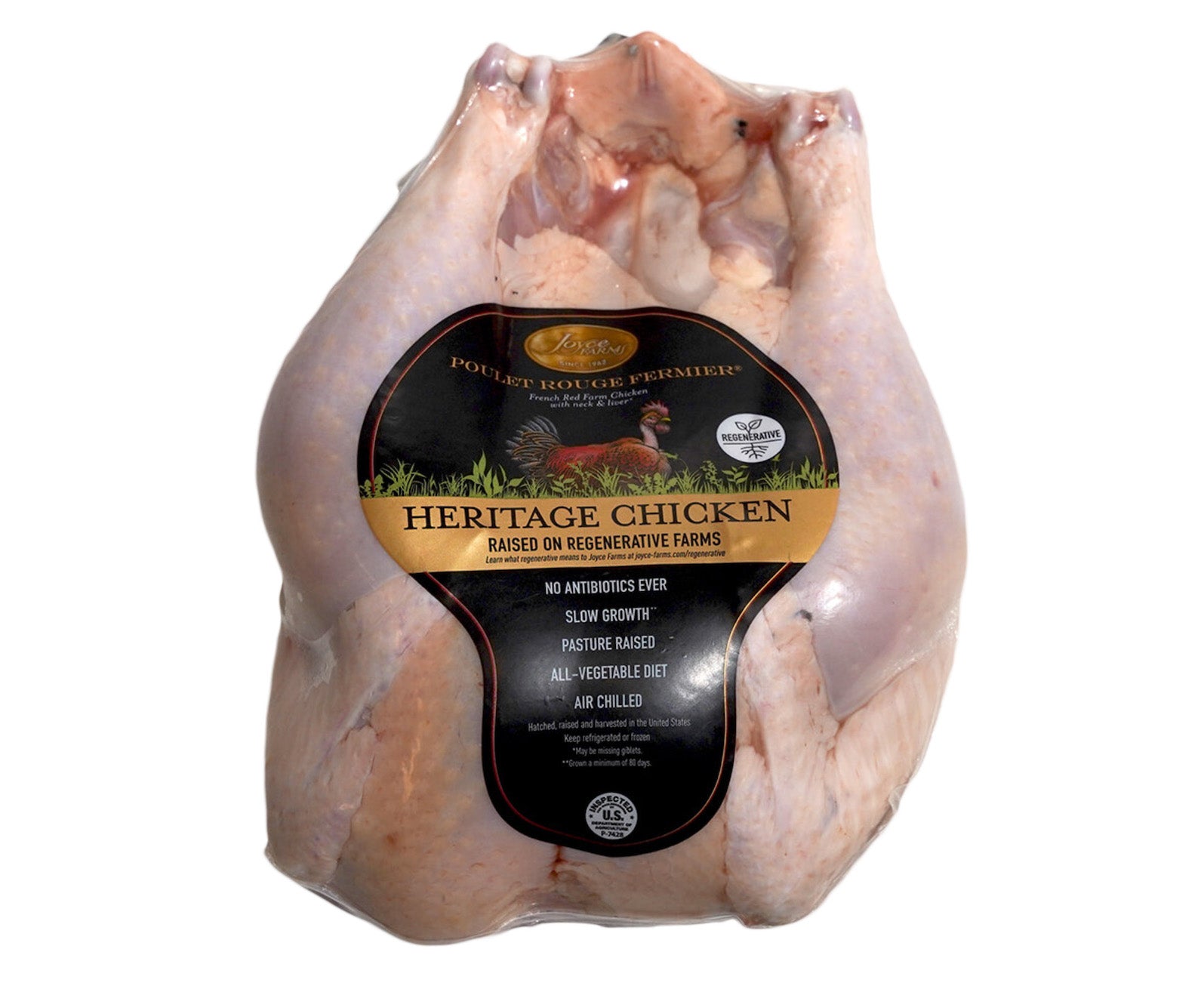 Photo of raw, packaged Poulet Rouge® Heritage Chicken from Joyce Farms - Raised on Regenerative Farms, No antibiotics ever, slow growth, pasture raised, all-vegetable diet, air chilled