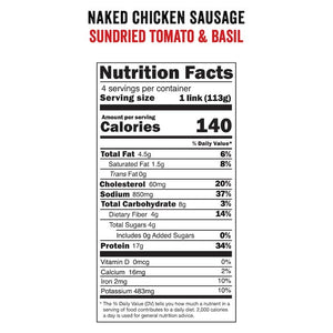 Joyce Farms Sundried Tomato & Basil Naked Chicken Sausage Nutrition