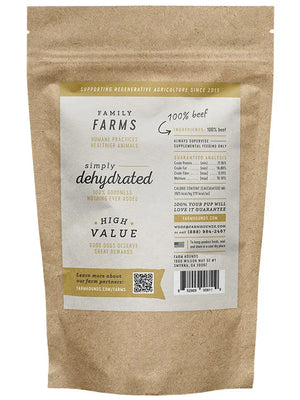 Back of Farm Hounds Beef Jerky packaging, highlighting the 100% beef ingredients, support for regenerative agriculture, and commitment to humane farming practices. The packaging emphasizes that the product is simply dehydrated with no additives and provides guaranteed analysis and feeding instructions for dogs.