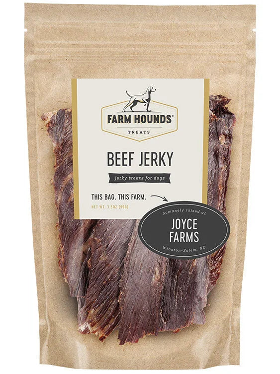 Front of Farm Hounds Beef Jerky packaging, featuring dehydrated jerky treats for dogs made from 100% beef, humanely raised at Joyce Farms in Winston-Salem, NC. The packaging showcases the product’s natural, high-quality ingredients.