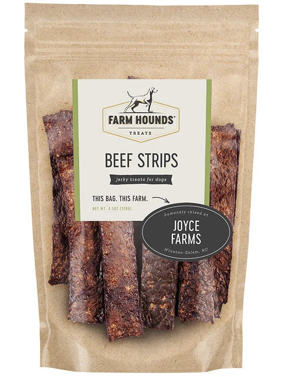 Front of Farm Hounds Beef Strips packaging, showcasing dehydrated beef strip treats for dogs, made from 100% beef sourced from Joyce Farms in Winston-Salem, NC. The packaging highlights the natural quality and humane sourcing of the product.