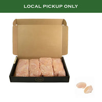 A box containing several vacuum-sealed packages of Joyce Farms Naked Chicken Breast Medallions, packed neatly in an 18 lb. case. The text "LOCAL PICKUP ONLY" is displayed above the image, indicating this is a local pickup exclusive item. A small image inset shows two raw chicken medallions on the side.