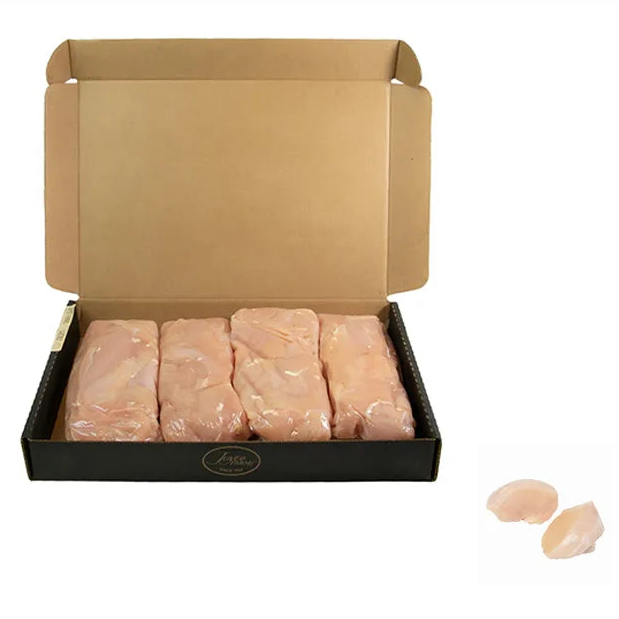 A box containing several vacuum-sealed packages of Joyce Farms Naked Chicken Breast Medallions, packed neatly in an 18 lb. case. 