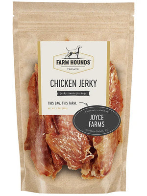 Front of Farm Hounds Chicken Jerky packaging, showcasing dehydrated chicken jerky treats for dogs made from 100% chicken, humanely raised at Joyce Farms in Winston-Salem, NC. The packaging highlights the product’s natural quality and ethical sourcing