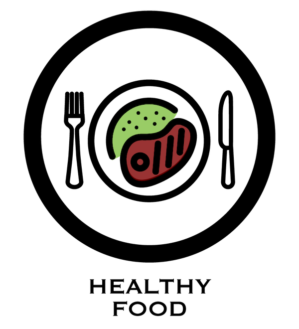 Icon of a green leafy vegetable and a red steak, representing the production of healthier food as an outcome of regenerative agriculture.