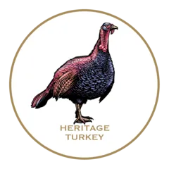 woodcut illustration of Joyce Farms Heritage Black Turkey, pasture raised with nothing added ever