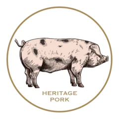 Woodcut illustration of Joyce Farms Gloucestershire Old Spot hog used for their Heritage breed pastured pork program