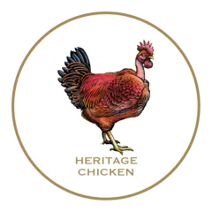 Woodcut illustration of Joyce Farms Poulet Rouge® Heritage Chicken