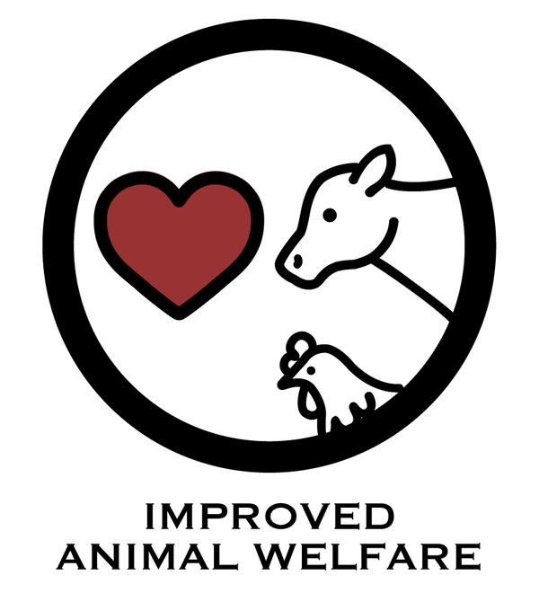 Icon of a red heart and a cow, symbolizing improved animal welfare as an outcome of regenerative agriculture practices.