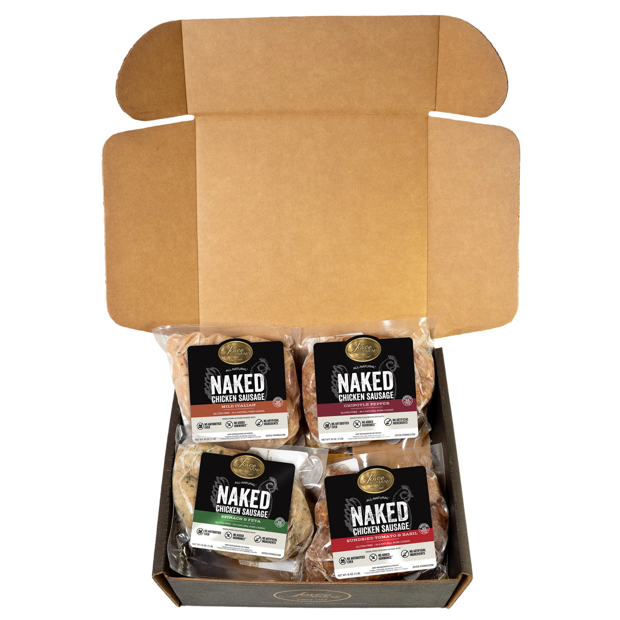 An open black box containing a savory variety pack of Joyce Farms Naked Chicken Sausages, made from antibiotic-free chicken. The pack includes four flavors: Sundried Tomato, Chipotle, Mild Italian, and Spinach & Feta. Each package of sausage is clearly labeled with its flavor.
