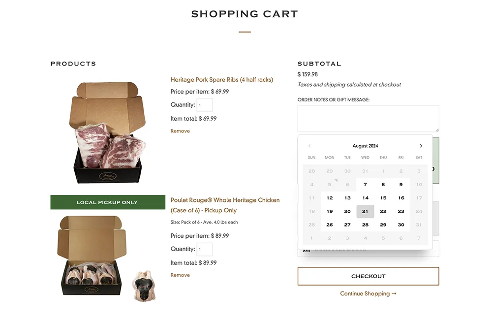 Shopping cart page showing products from Joyce Farms with a date picker open. The products include Heritage Pork Spare Ribs and Poulet Rouge Whole Heritage Chicken. The subtotal is displayed on the right, with a section for order notes or gift messages and the option to select a date and time for local pickup.