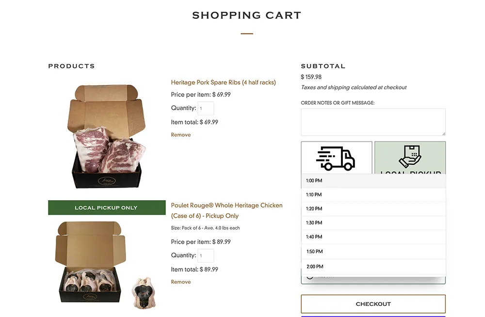 Shopping cart page showing products from Joyce Farms with a time picker open. The products include Heritage Pork Spare Ribs and Poulet Rouge Whole Heritage Chicken. The subtotal is displayed on the right, with a section for order notes or gift messages and the option to select a time for local pickup.