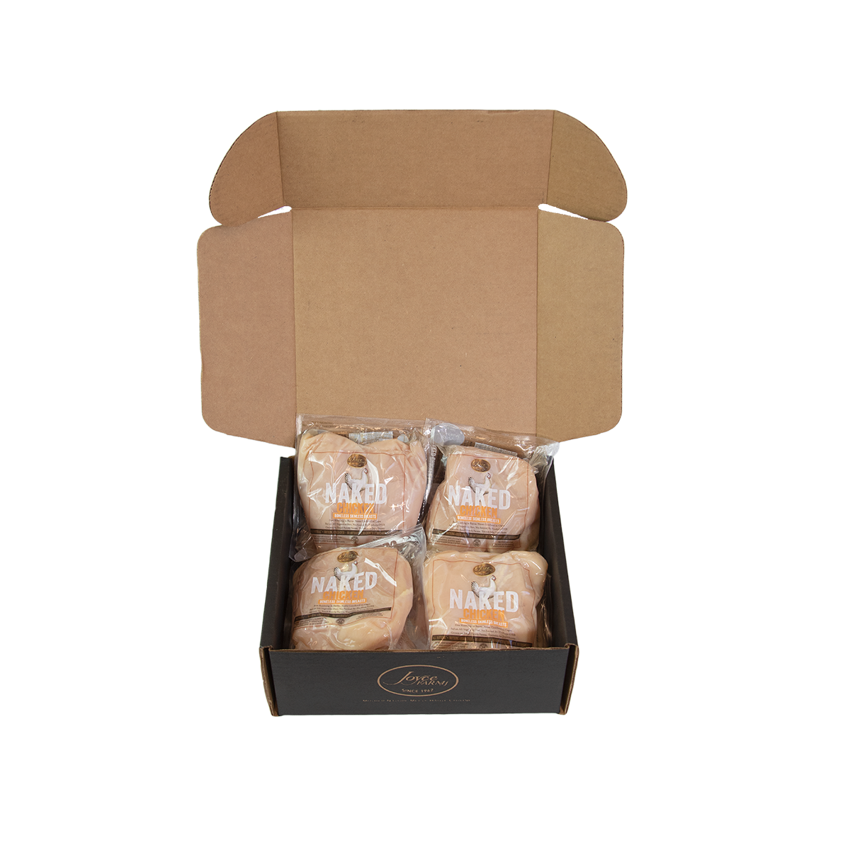 A box containing four pieces of Joyce Farms boneless skinless chicken breasts in a brown box.