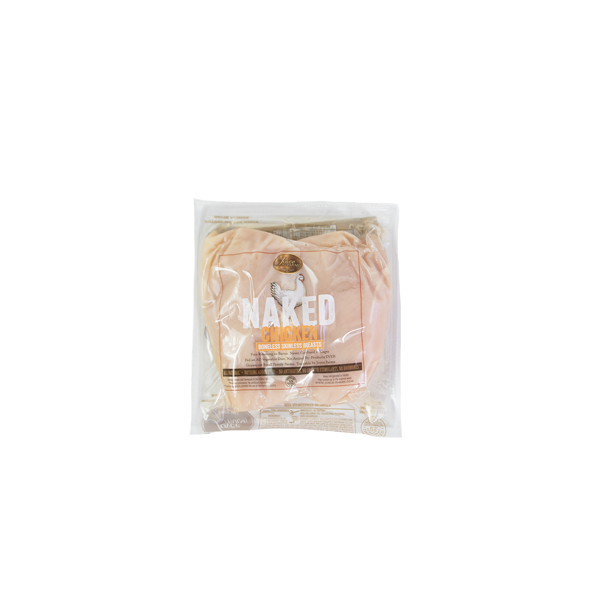 A package of Joyce Farms Boneless Skinless Chicken Breasts (8 packs, 1 lb. per pack) in a plastic bag.