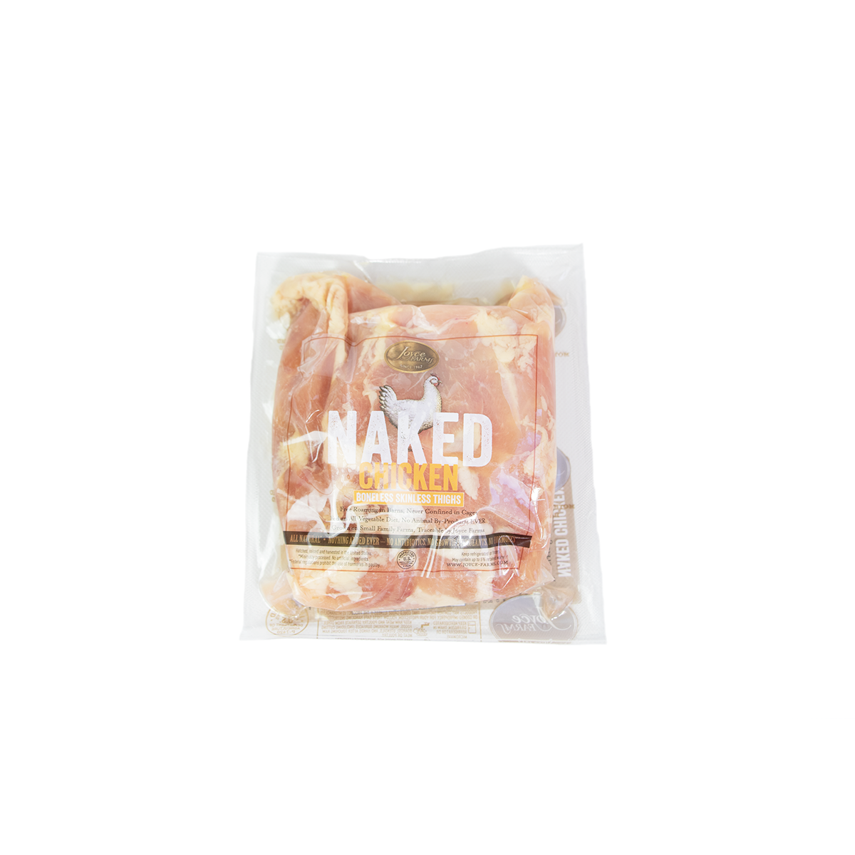 A package of Joyce Farms Boneless Chicken Thighs (8 packs, 1 lb. per pack) in a plastic bag.