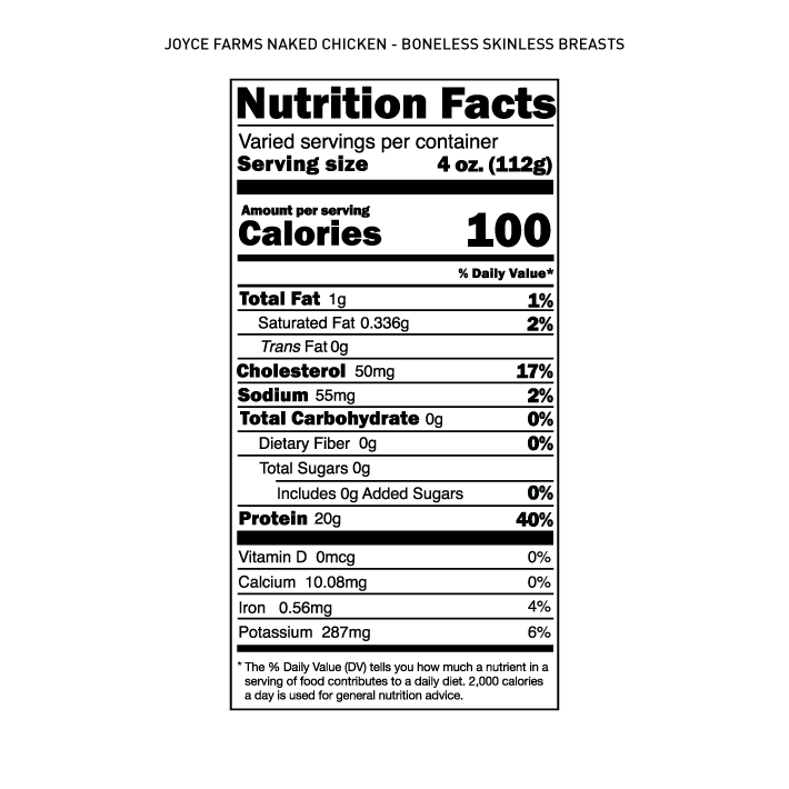A gluten-free nutrition label for Joyce Farms' Boneless Skinless Chicken Breasts (8 packs, 1 lb. per pack).