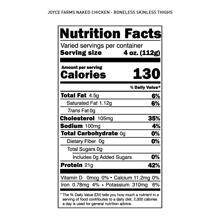 A nutrition label for Joyce Farms boneless chicken thighs.