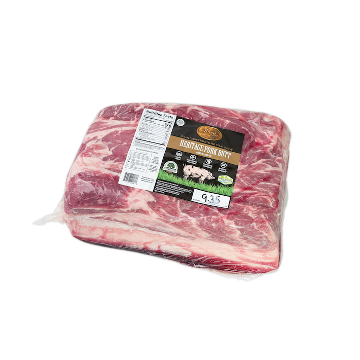 Joyce Farms Heritage Pork Shoulder (Butt), 1 piece, raw, packaged. Heritage Gloucestershire Old Spot pork raised regeneratively on pasture with no antibiotics