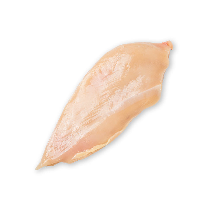 Joyce Farms Poulet Rouge® Boneless Skinless Heritage Chicken Breasts, raw on white background. New! Slow growing heritage breed from France, pasture raised in North Carolina on small family farms with nothing added ever - no antibiotics, no hormones, no animal by-products, veg fed. Certified GAP Step 4 by the Global Animal Partnership Animal Welfare Program. Air Chilled for superior flavor and texture.